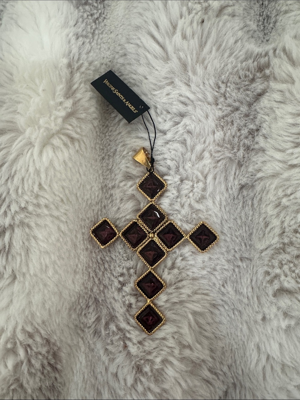 Virgins Saints & Angels Gold-Tone Cross Pendant with Deep Wine Stones